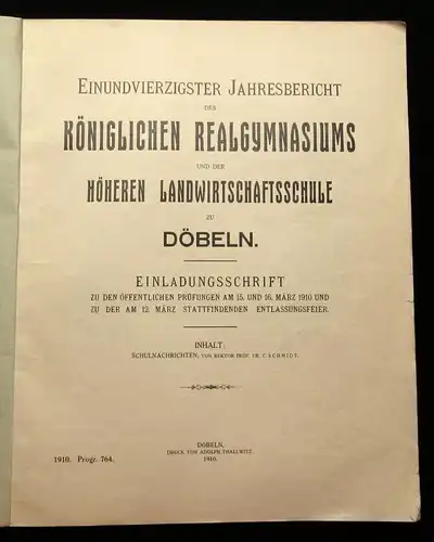 41.Jahresbericht des Kgl. Realgymnasiums zu Döbeln Einladungsschrift 1910 js