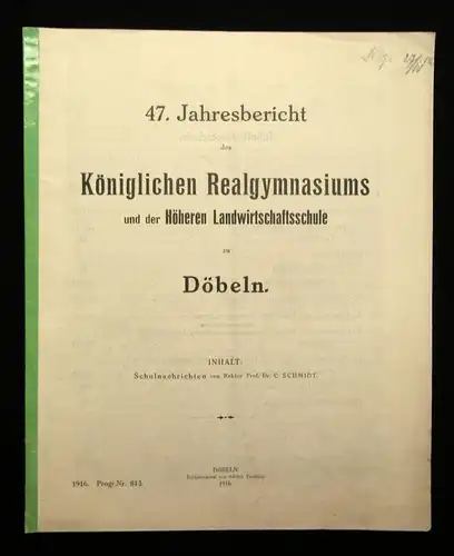 47.Jahresbericht des Kgl. Realgymnasiums u. Landwirtschaftsschule zu Döbeln 1916