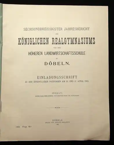 36.Jahresbericht des Kgl. Realgymnasiums zu Döbeln Einladungsschrift 1905 js