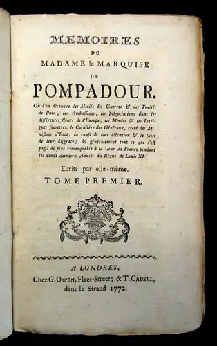 Memoires de Madame la Marquise de Pompadour 2 Bde. in 1 Geschichte 1772  js