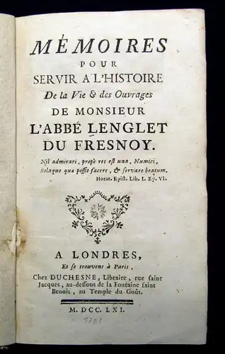 Memoires Pour Servir A L`Histoire De La Vie & des Ouvrages Du Fresnoy 1761 js