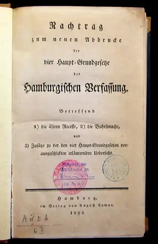 Nachtrag Abdrucke der vier Haupt-Grundgesetze Hamburgische Verfassung 1825 mb
