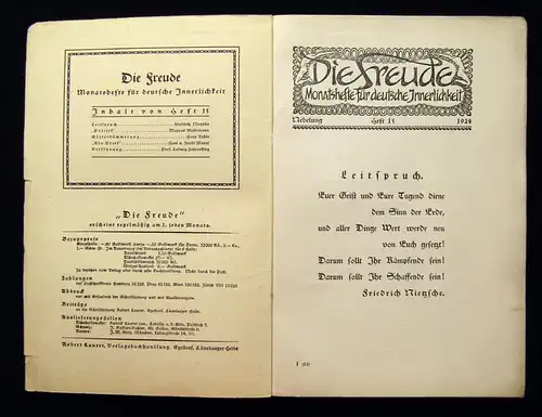 Nietzsche Die Freude Monatshefte für deutsche Innerlichkeit Jg.1 Heft 15 1924 js