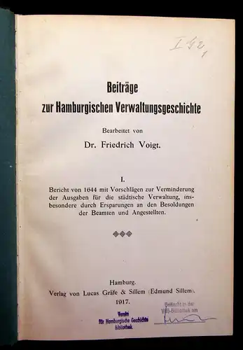 Voigt Beiträge zur Hamburgischen Verwaltungsgeschichte 1917 1-3 Geschichte mb