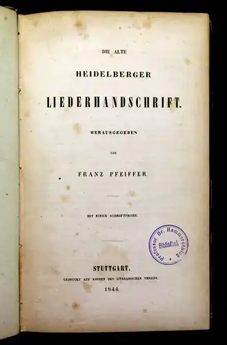 Pfeiffer Die alte Heidelberger Liederhandschrift 1844 Belletristik mb