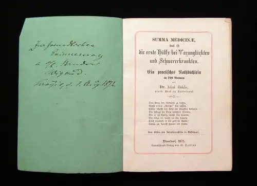 Bücheler Summa Medicinae ein practisches Nothbüchlein in 716 Reimen 1872 mb