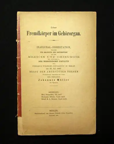 Müller Über Fremdkörper im Gehörorgan um 1880 Medizin Chirurgie Wissen mb