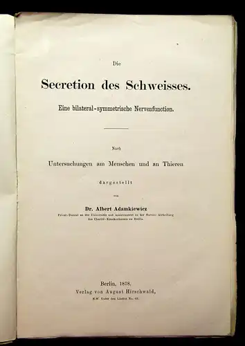 Adamkiewicz Die Secretion des Schweisses 1878  Wissen Medizin mb