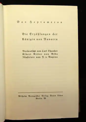Ritter Das Heptemaron Die Erzählung der Königin von Navarra 1913 Literatur js