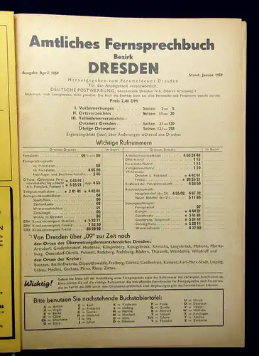 Fernmeldeamt Dresden Amtliches Fernsprechbuch Bezirk Dresden 1959