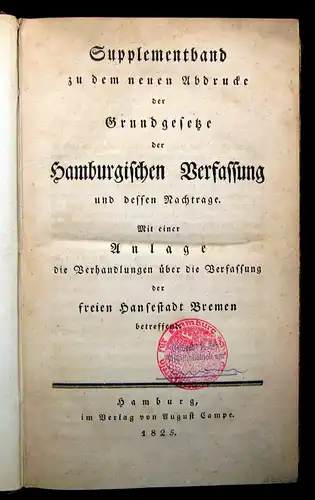 Stadt Hamburg Supplementband Grundgesetze Hamburgische Verfassung 1825 mb