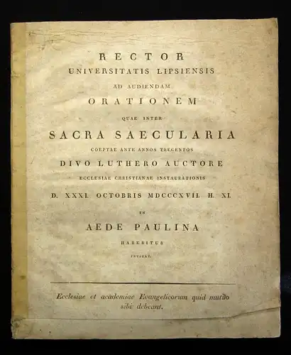 Rector Univrsitatis Lipsiensis Ad Audiendam Orationem Quae inter Sacra.. 1817 js