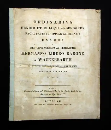 Odinarius Senior Et Reliqui Assesossores Facultatis Ivridicae Lipsiensis 1830 js