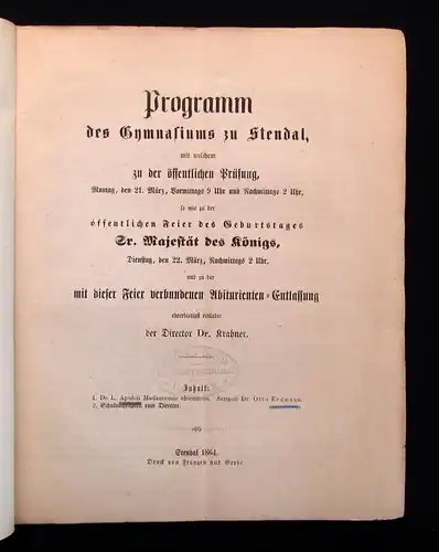 Krahner Programm des Gymnasiums zu Stendal 1864 Geschichte js