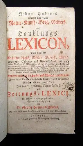 Zincken Natur-Kunst-Berg-Gewerck und Handlungs- Lexicon 2.Theil 1792 Wissen