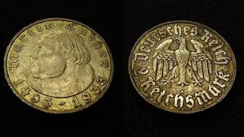 Münze 2 Reichsmark 450 Jahre Luther 1933 625er Silber  fast vorzüglich ca.25cm