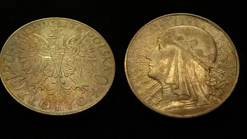 Münze 10 Zloty Polen 1932 geriffelt 750er Silber ca.33 mm, ca.22g sehr schön