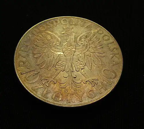 Münze 10 Zloty Polen 1932 geriffelt 750er Silber ca.33 mm, ca.22g sehr schön
