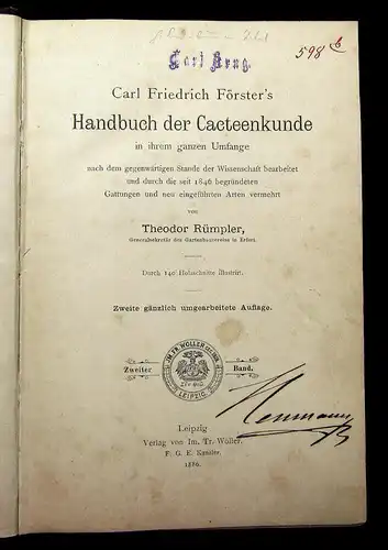 Rümpler Förster Handbuch Cacteenkunde in ihrem ganzen Umfange 1886 2.Bd apart mb