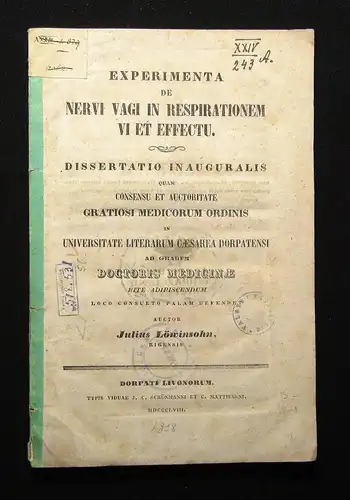 Löwinsohn Experimenta De Nervi Vagi in Respirationem Vi Et Effectu 1858 Medizin