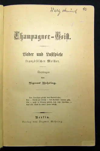 Mehring Champagner-Geist Liede rund Lustspiele französischer Meister um 1890