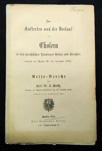 Das Auftreten und der Verlauf der Cholera Or.Ausg. selten 1874 Reise- Bericht