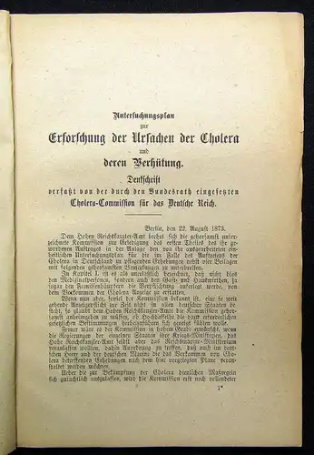 Untersuchungsplan der Erforschung der Ursachen der Cholera Or.Ausg. selten 1873