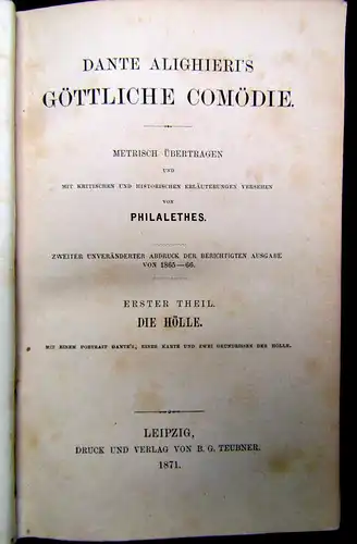 Philalethes Dante Alighieri´s Göttliche Comödie 1. u. 2. Teil 1871  Lyrik mb