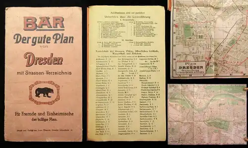 Bär der gute Plan von Dresden mit Straßen- Verzeichnis 50 x 65 cm um 1925 Guide