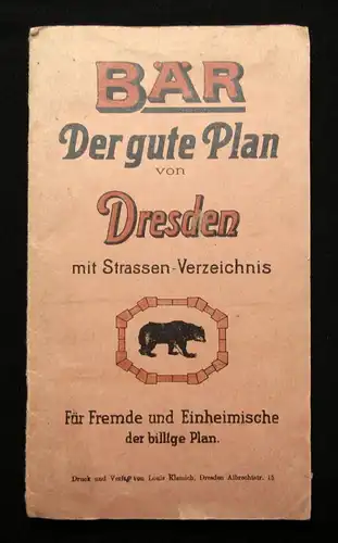 Bär der gute Plan von Dresden mit Straßen- Verzeichnis 50 x 65 cm um 1925 Guide