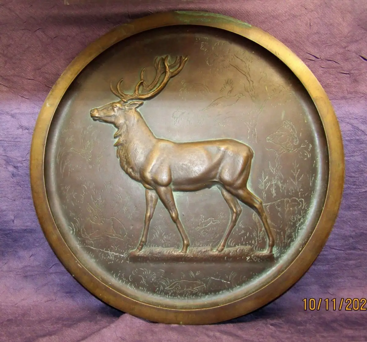 Oehme Erich Bronze Relief Teller mit Hirsch Lauchhammer Kunstgießerei 41,5 cm 0