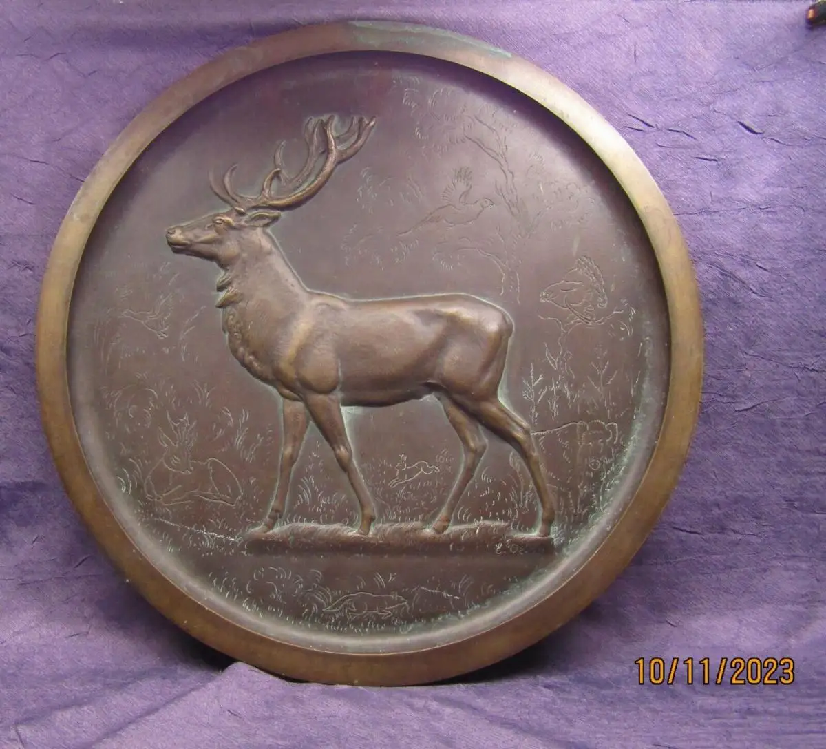 Oehme Erich Bronze Relief Teller mit Hirsch Lauchhammer Kunstgießerei 41,5 cm 1