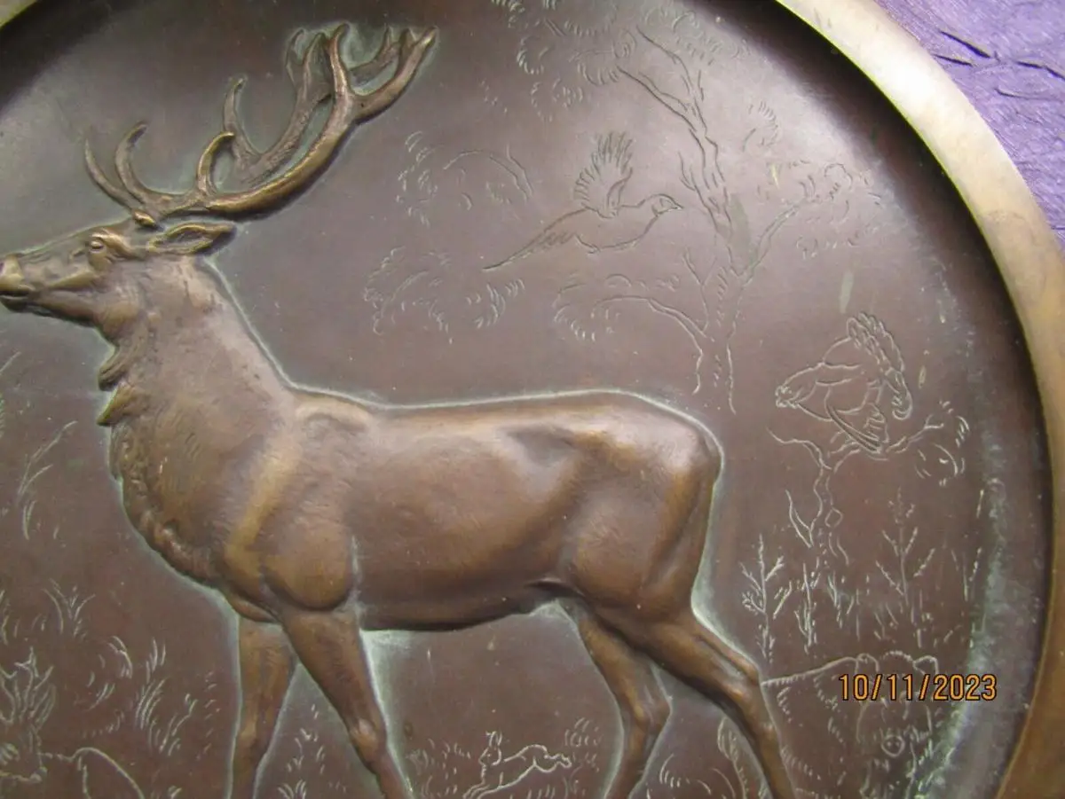 Oehme Erich Bronze Relief Teller mit Hirsch Lauchhammer Kunstgießerei 41,5 cm 2