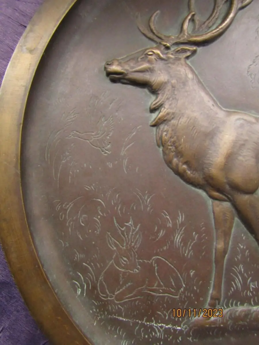 Oehme Erich Bronze Relief Teller mit Hirsch Lauchhammer Kunstgießerei 41,5 cm 4