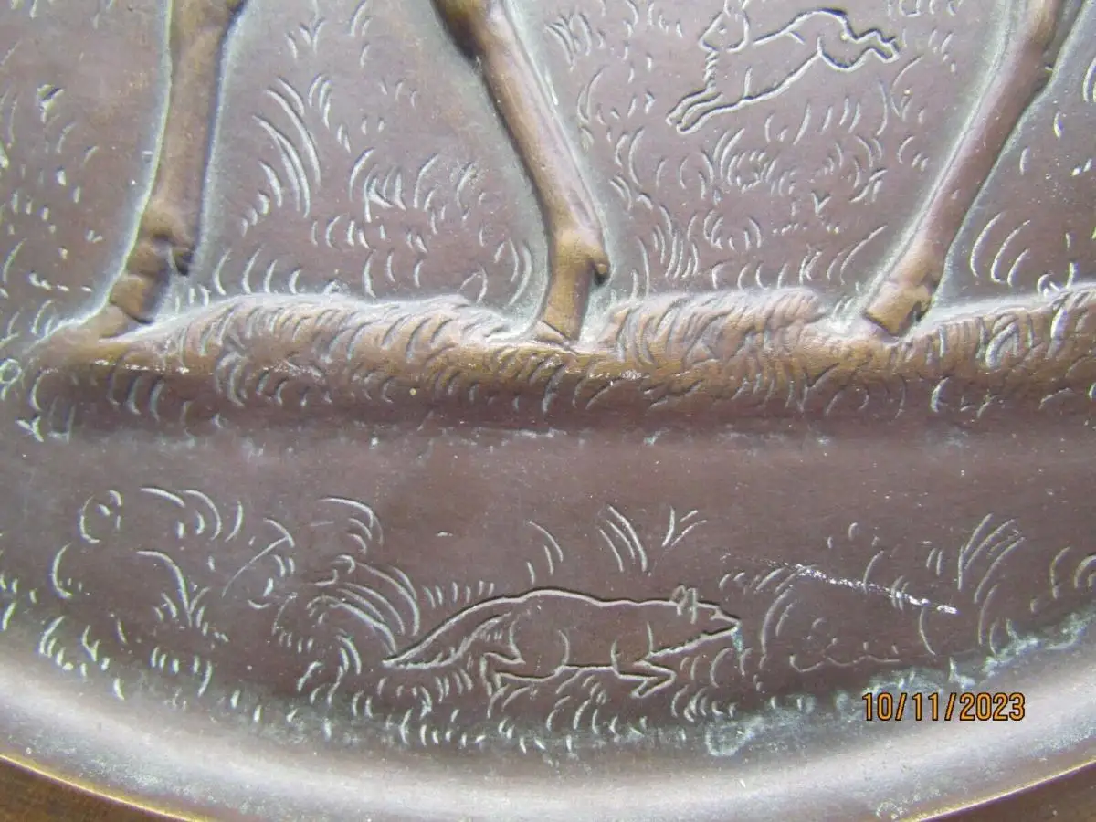 Oehme Erich Bronze Relief Teller mit Hirsch Lauchhammer Kunstgießerei 41,5 cm 5