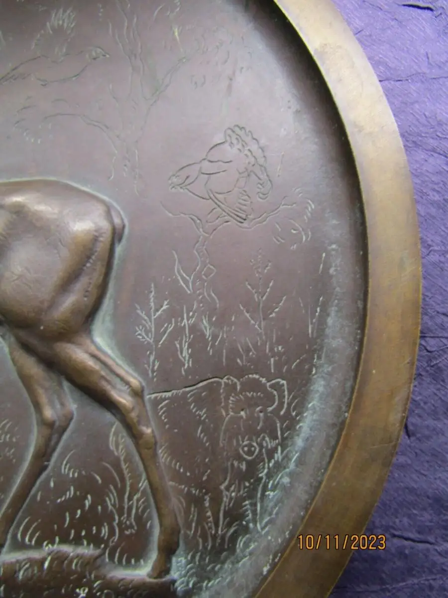 Oehme Erich Bronze Relief Teller mit Hirsch Lauchhammer Kunstgießerei 41,5 cm 7