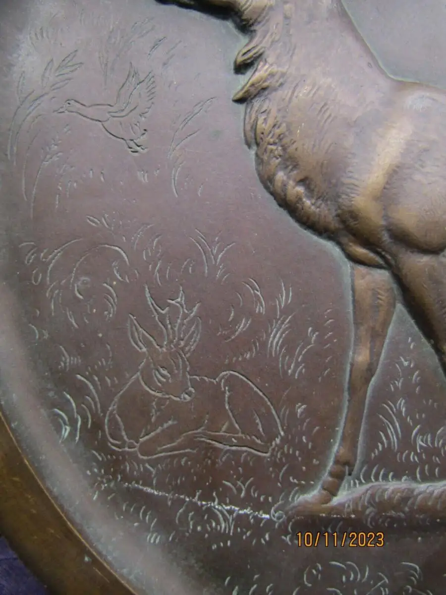 Oehme Erich Bronze Relief Teller mit Hirsch Lauchhammer Kunstgießerei 41,5 cm 8