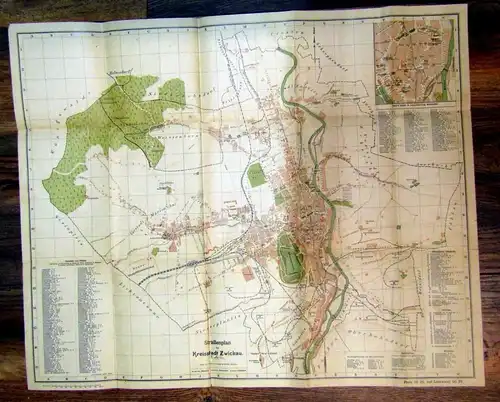 Straßenplan der Kreisstadt Zwickau 51 x63 cm um 1915 Ortskunde Führer Guide
