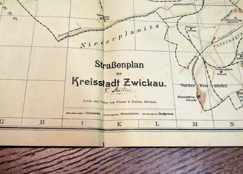 Straßenplan der Kreisstadt Zwickau 51 x63 cm um 1915 Ortskunde Führer Guide