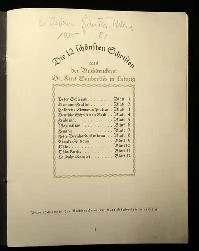 Die 12 schönsten Schriften Buchdruckerei Säuberlich 1922 selten Schriftgießerei