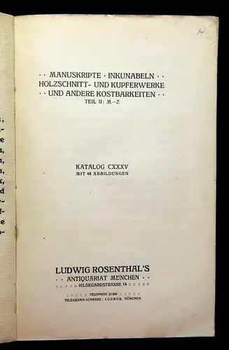 Rosenthal`s Antiquariat Katalog 135 Teil 2 :M-Z um 1930 Manuskripte, Inkunabeln