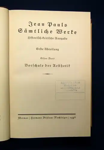 Jean Pauls Sämtliche Werke Vorschule der Aesthetik 1.Bd. 1935 Klassiker js