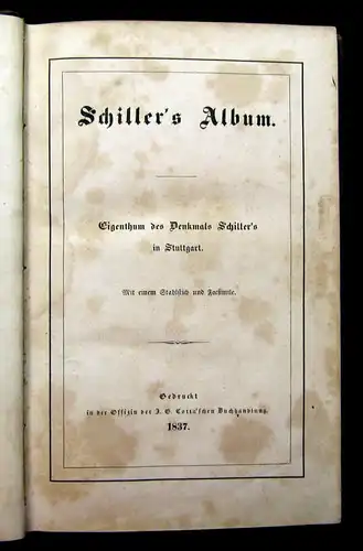 Schiller`s Album Eigenthum des Denkmal Schiller`s in Stuttgart 1837 Lyrik Poesie