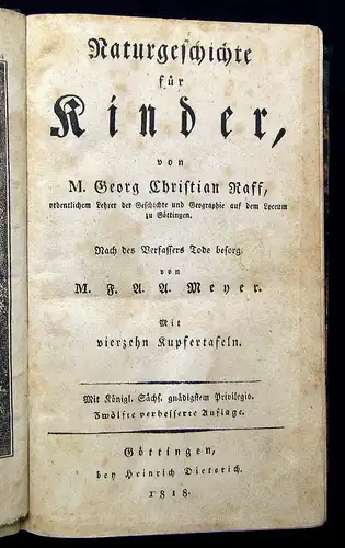 Raff Naturgeschichte für Kinder 1818 mit 14 Kupfertafeln Wissen Natur Tiere