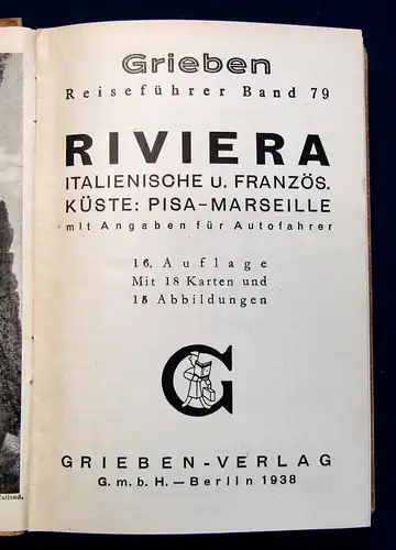 Grieben Reiseführer Bd 79 Riviera 1938  Guide Führer Reiseführer Ortskunde mb