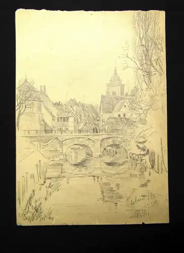 Bleistiftzeichnung Ortslandschaft Colmar im Elsass Unikat Monogramm rechts 2009