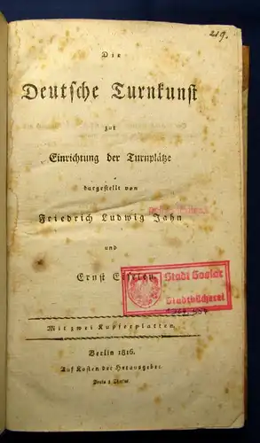 Jahn Die deutsche Turnkunst zur Einrichtung der Turnplätze dargestellt 1816 js