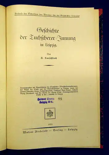 Kutschbach Geschichte der Tuchscherer Innung in Leipzig 1931 Geschichte mb