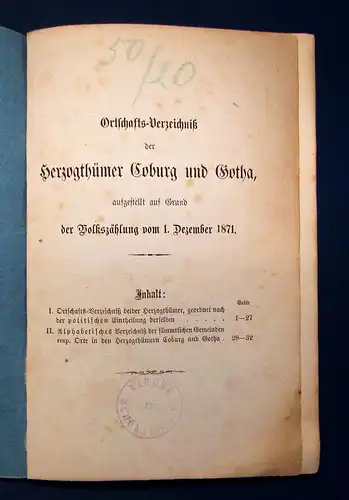 Ortschaftsverzeichnis der Herzogthümer Coburg und Gotha 1871 Geschichte mb