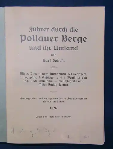Jobek Führer durch die Pollauer Berge und ihr Umland 1926 Reiseführer js